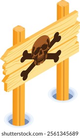 A 3D isometric vector illustration of a wooden danger warning signpost featuring a skull and crossbones icon. Ideal for representing hazards, danger zones, pirate themes, or cautionary messages.