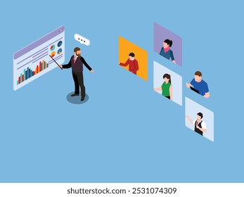 3D Isometric Vector Image of Online Team Collaboration and Presentation