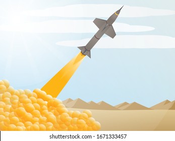 3d Isometric Vector Missile Launch In A Desert Landscape. Vector Illustration. Concept For War, Missile Testing, Nuclear War, Defense. World War, Military Capabilities, Missile Testing