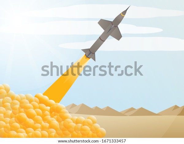 砂漠の風景での3dアイソメベクターミサイルの発射 ベクターイラスト 戦争 ミサイル実験 核戦争 防衛のコンセプト 世界大戦 軍事力 ミサイル実験 のベクター画像素材 ロイヤリティフリー