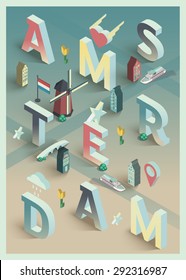 3d isometric vector typographic amsterdam poster