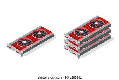 3d isometric video graphic card of an electronic server of cloud tech network connects payment technology for business concept background. Digital chip bitcoin farm set illustration.