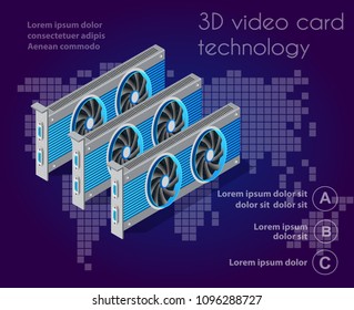 3d isometric video graphic card of an electronic server of cloud tech network connects payment technology for business concept background. Digital chip bitcoin farm set ultraviolet illustration.
