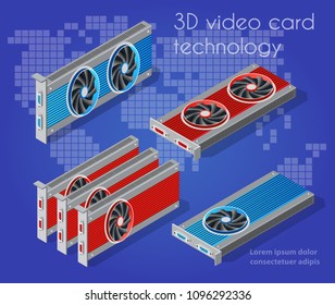 3d isometric video graphic card of an electronic server of cloud tech network connects payment technology for business concept background. Digital chip bitcoin farm set illustration.