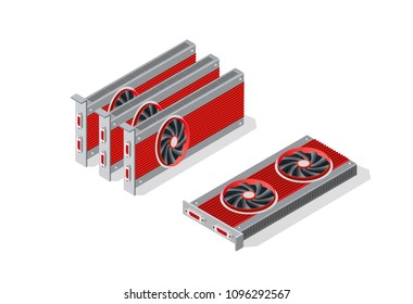 3d isometric video graphic card of an electronic server of cloud tech network connects payment technology for business concept background. Digital chip bitcoin farm set illustration.