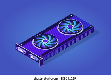 3d isometric video graphic card of an electronic server of cloud tech network connects payment technology for business concept background. Digital chip bitcoin farm  ultraviolet illustration.