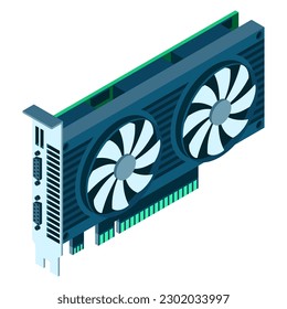 3d isometric video graphic card. Isometric of device graphic card. Personal computer hardware component. Vector illustration