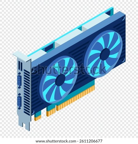 3d isometric video graphic card. Isometric of device graphic card. Personal computer hardware component. Isometric technology