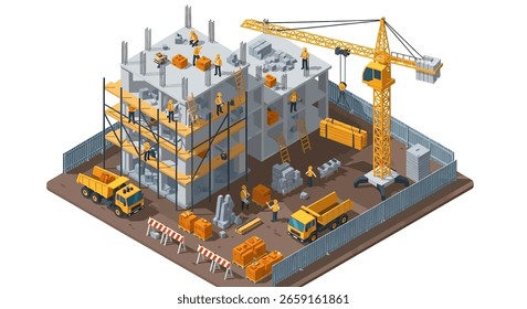 3D isometric view of a construction site with a building under construction, crane, trucks, excavator, and workers. Ideal for urban development and engineering concepts