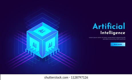 3D Isometric View Of Cubic Shape AI Processor Chip With Glowing Ultra Rays For Artificial Intelligence Landing Page Concept.