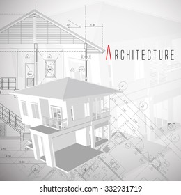 3D Isometric View Of The Cut Residential House On Architect Drawing.