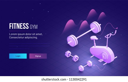 3D Isometric View Of Gym Equipments For Fitness Gym Concept Based Landing Page Design.