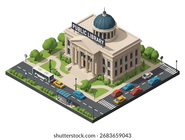 Ilustração da vista isométrica 3D de uma biblioteca pública cercada por árvores, bancos e ruas da cidade com carros e ônibus, representando conceitos de educação, comunidade e estilo de vida urbano