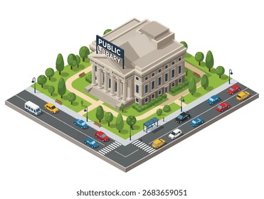3D Isometric view illustration of a public library surrounded by trees, benches, and city streets with cars and buses, representing education, community, and urban lifestyle concepts