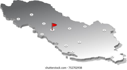 3d isometric view map of Albania with metal surface and cities. Isolated, white background