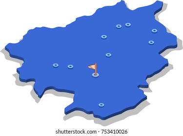 3d isometric view map of Andorra with blue surface and cities. Isolated, white background