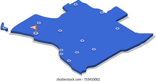3d isometric view map of Angola with blue surface and cities. Isolated, white background