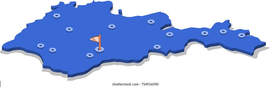 3d isometric view map of Armenia with blue surface and cities. Isolated, white background