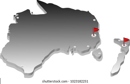 3d isometric view map of Australia with gradient and cities. Isolated, white background