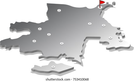 3d isometric view map of Azerbaijan with gradient and cities. Isolated, white background