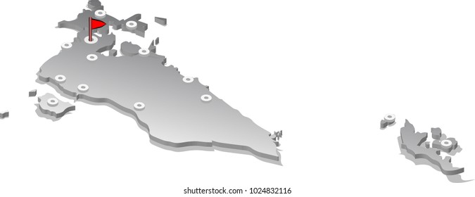 3d isometric view map of Bahrain with gradient and cities. Isolated, white background
