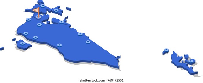 3d isometric view map of Bahrain with blue surface and cities. Isolated, white background