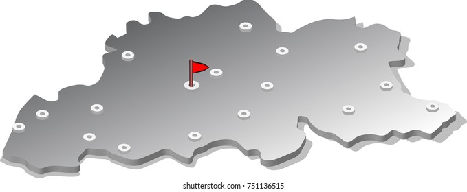 3d isometric view map of Belgium with metal surface and cities. Isolated, white background