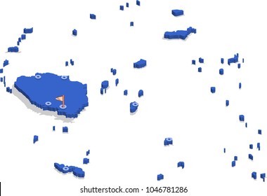 3d isometric view map of  with blue surface and cities. Isolated, white background