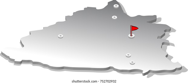 3d isometric view map of Bosnia and Herzegovina with metal surface and cities. Isolated, white background