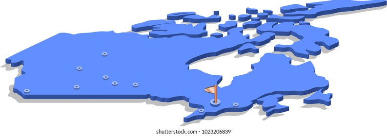 3d isometric view map of Canada with blue surface and cities. Isolated, white background