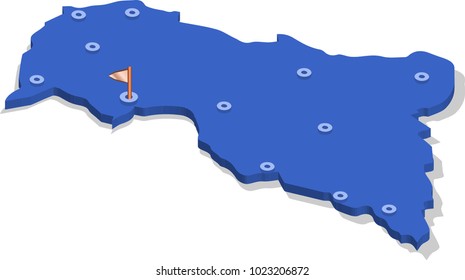 3d isometric view map of Central African Republic with blue surface and cities. Isolated, white background