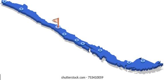 3d isometric view map of Chile with blue surface and cities. Isolated, white background