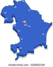 3d isometric view map of Costa Rica with blue surface and cities. Isolated, white background