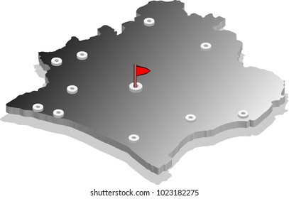 3d isometric view map of Cote D'Ivoire with gradient and cities. Isolated, white background