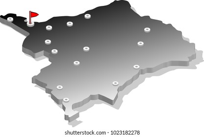 3d isometric view map of Democratic Republic of the Congo with gradient and cities. Isolated, white background