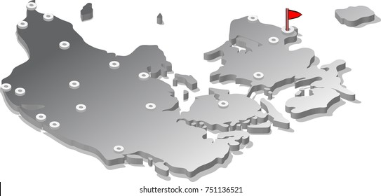 3d isometric view map of Denmark with metal surface and cities. Isolated, white background