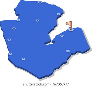 3d isometric view map of Djibouti with blue surface and cities. Isolated, white background