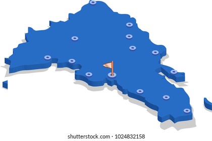 3d isometric view map of Dominican Republic with blue surface and cities. Isolated, white background