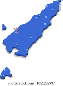 3d isometric view map of East Timor with blue surface and cities. Isolated, white background
