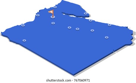 3d isometric view map of Egypt with blue surface and cities. Isolated, white background