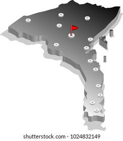 3d isometric view map of Eritrea with gradient and cities. Isolated, white background