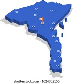 3d isometric view map of Eritrea with blue surface and cities. Isolated, white background