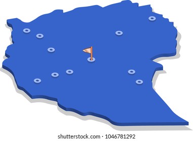 3d isometric view map of Ethiopia with blue surface and cities. Isolated, white background