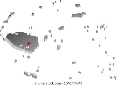 3d isometric view map of Fiji with gradient and cities. Isolated, white background