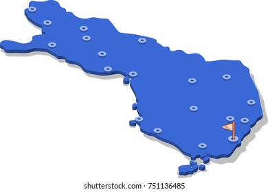 3d isometric view map of Finland with blue surface and cities. Isolated, white background