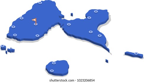3d isometric view map of Guadeloupe with blue surface and cities. Isolated, white background