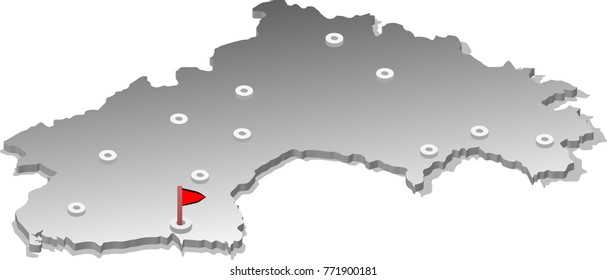 3d isometric view map of Guinea with gradient and cities. Isolated, white background