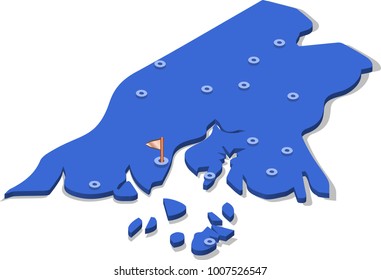 3d isometric view map of Guinea-Bissau with blue surface and cities. Isolated, white background