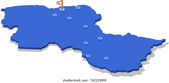 3d isometric view map of Guyana with blue surface and cities. Isolated, white background. Vector illustration