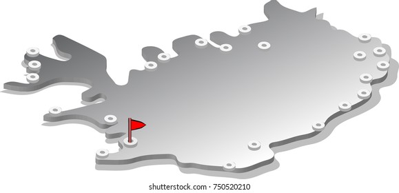 3d isometric view map of Iceland with metal surface and cities. Isolated, white background